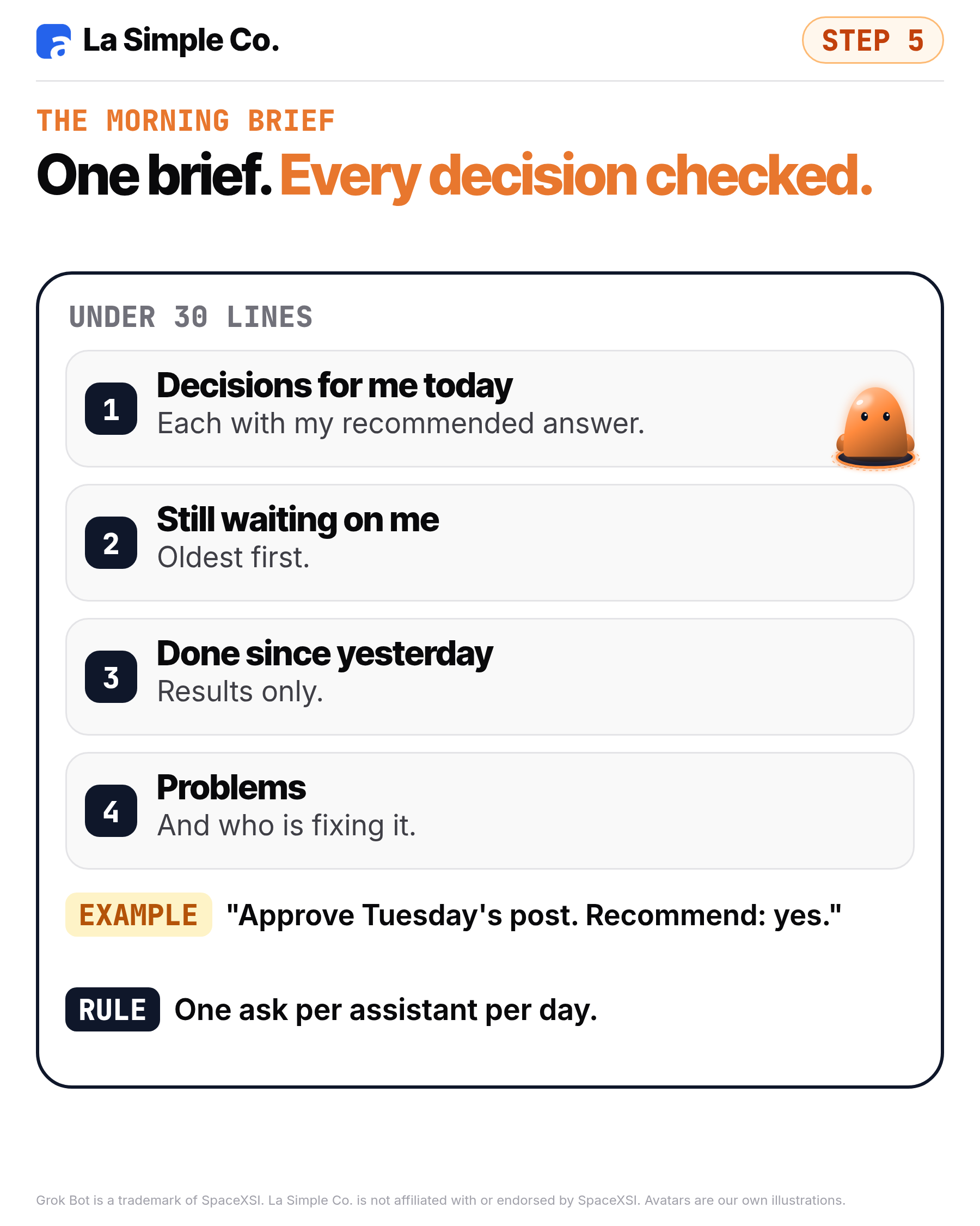 The morning brief on a phone, with one ask per assistant per day